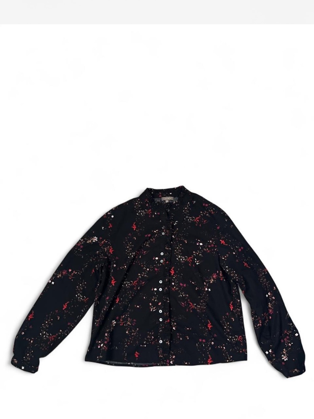 Lilla P Black Button-Up Top with Red & Pink Floral Print